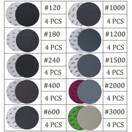Aewio 40PCS 5 inch No Hole #120-#3000 Wet Dry Sanding Discs 120 180 240 400 600 1000 1200 1500 2000 3000 Grit Sandpaper Compatible for Random Orbital Sanders (#120-#3000 10Kind Grit Each 4PCS)