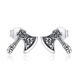 POPLYKE Sterling Silver Norse Talisman Viking Battle Axe Stud Earrings Nordic Jewelry For Men Boyfriend Birthday Gift