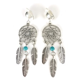 Clip on dream catcher earrings silver with turquoise bead metal feather pendants 3 5/8 inches long
