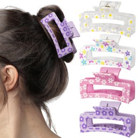 PANTIDE 4Pcs Spring Flowers Hair Claw Clips for Women Girls - Cute Flower Floral Rectangle Nonslip Banana Hair Clips, Thin Thick Short Long Curly Accessories, Spring Summer Party Birthday Gift