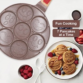 RANX INGST Ceramic Pancake Pan for Kids, Nonstick Pancake Griddle with Detachable Handle, 7 Hole Smiley Face Pancake Mold Mini Pancake Maker - Brown