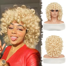 GKtineke Short Blonde Curly Wig with Bangs, Full Loose Curly Wigs for Black Women and White Women Soft Fluffy Natural Synthetic Wig for Daily and Party(Blonde)