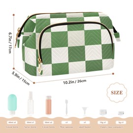 Travel Makeup Bag Cosmetic Bag Wide-open Pouch Toiletry bag Make Up Organizer Case with bottles kit for Women Green and White Checkered Background