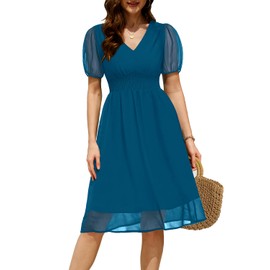 Holipick Women Summer Casual Dress Boho Floral V Neck Short Sleeves Smocked Waist Chiffon Swing Knee Length Dresses Teal