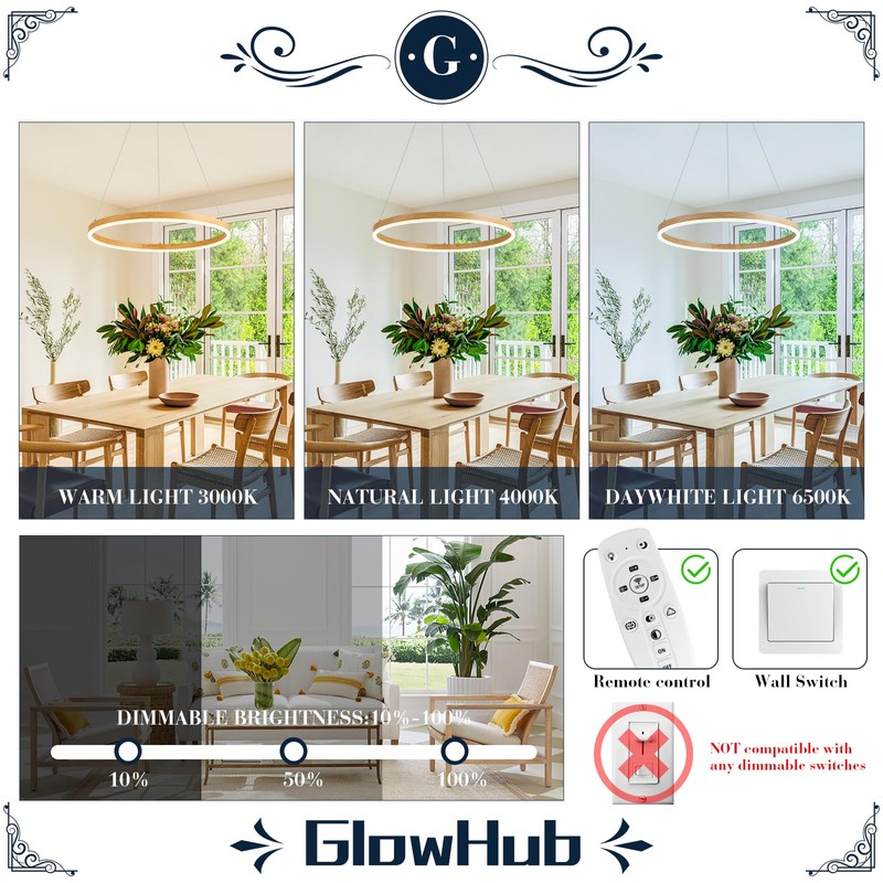 Ring Chandelier LED Wood Grain Round Chandeliers Modern Farmhouse Pendant