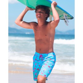 maamgic Mens Swim Trunks with Compression Liner 9 Inch Stretch Quick Dry Swim Shorts with Zipper Pockets Swimwear Blue Flamingo Large