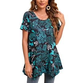 Enmain Tunic Tops for Women UK Short Sleveve Ladies Tunic Dress Casual Plus Size Long Tunics Shirts for Leggings Longline Loose Blouse T Shirt,Turquoise,XXL