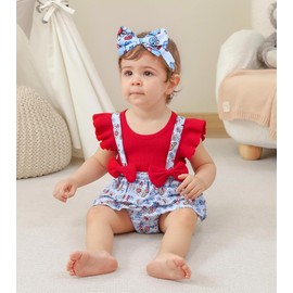 UNICOMIDEA Newborn Girl Clothes 0-3 Months Baby Outfit American Flag Print 4th of July Baby Bodysuit With Headband Funny Short Sleeves Infant Girl Romper Bowknot Baby Girls Jumpsuit