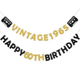 Eucutur Pre-Strung Black Gold 60th Birthday Banner Decoration for Men Women, Glitter Vintage 1965 Happy 60th Birthday Party Supplies, Cheers to 60 Years Old Bday Party Decor Sign