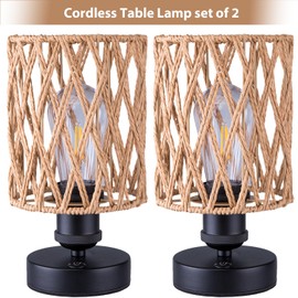 ALL FORTUNE Cordless Outdoor Table Lamps, Small Rattan Boho, Rechargeable Battery Operated for Outdoor Patio, Home, Living Room, Bedroom, Bedside - Set of 2 (Beige-A)