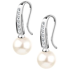 Nenalina Silver women's earrings with pearls 8 mm and white glass crystals, 925 sterling silver, long earrings for women, wedding earrings, 224066-051, Sterling Silver, Crystal