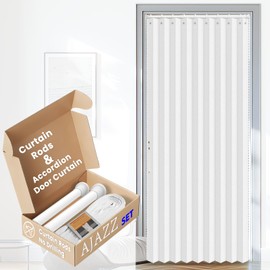 AJAZZ Set: Curtain Rods No Drilling (38-53" W Adjustable Range) & Accordion Door Curtain, White 53W×78" L, Accordion Doors for Closet Doorway Room Divider