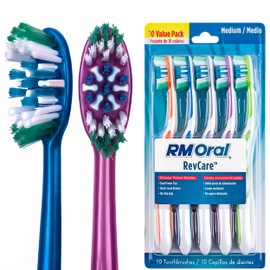 RM Oral RevCare Medium Toothbrush, Circular Power Bristles Power Away Plaque, Tongue & Cheek Cleaner Fights Bad Breath, Value 10 Count
