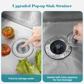 Stainless Steel Kitchen Sink Drain Strainer Stopper, 3-in-1 Sink Stopper Strainer for Standard 3-1/2 Inch Kitchen Sink, Chrome-plated Shell with 304 Stainless Steel Mesh Strainer Basket