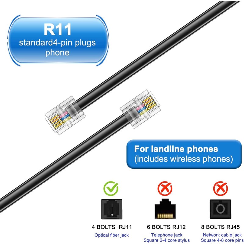 Long Telephone Extension Cord 6 FT, Black, Phone Cable Line
