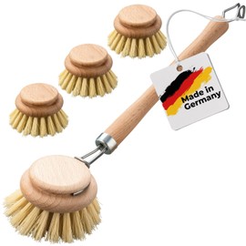 FEINHOLZ Wooden Washing Up Brush with Interchangeable Head, Set of 4 with Natural Bristles, Made in Germany, Sustainable Washing Up Brushes Wood with 3 x Replacement Heads, Washing Up Brush, Dish
