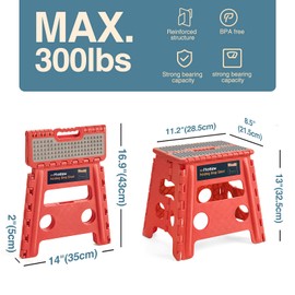 Flottian 13" Folding Step Stool for Adults and Kids Holds Up to 300 lbs,Non-Slip Folding Stools with Handle, Compact Plastic Foldable Step Stool for Bathroom,Bedroom, Kitchen Coral,1PC