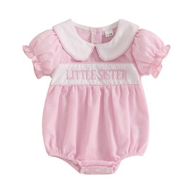 vchoohce Big Sister Little Sister Matching Outfits Short Sleeve Bubble Romper Smocked Dress Toddler Girl Summer Clothes (Pink Romper, 0-3 Months)