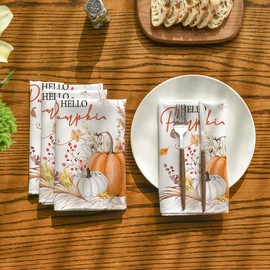 Horaldaily Fall Cloth Napkins 18 x 18 Inch, Thanksgiving Autumn Harvest Pumpkin Flowers Leaves Party Dinner Decoration Washable Napkins Set of 8