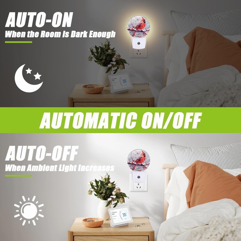 Cosharkly Red Cardinal Bird Night Light,Chrismas Snow Night Lights Plug