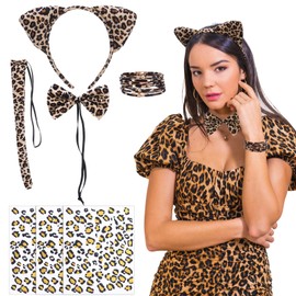 ViEinkaufen 7 Pcs Leopard Print Ears Costume Set,Leopard Cosplay Accessories Set Leopard Ears Headband Bow Tie Tail Leopard Face Sticker Bracelet,Animal Costume Set for Carnival Cosplay Party