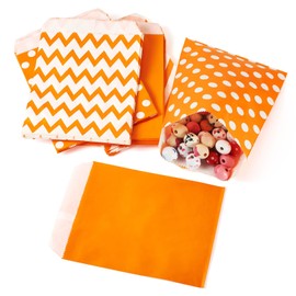 Boutigem 40Pcs Orange Paper Treat Bags Polka Dot Wave Stripe Pattern Flat Paper Bags Goodie Candy Bags Party Favor Cookie Buffet Bags Small Gift Bags for Festival Birthday Party Wedding Supplies