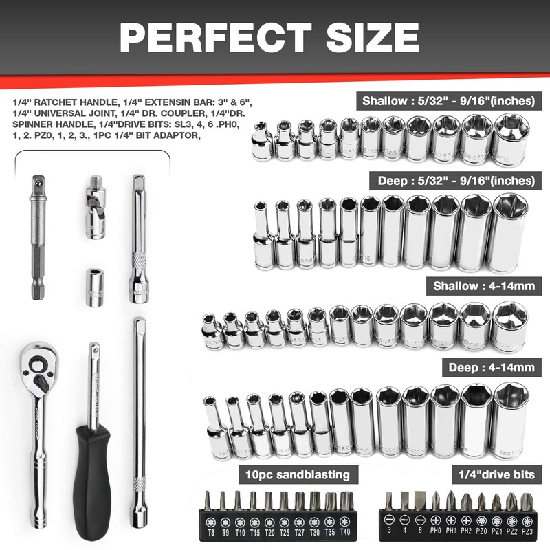 EACELIY 75pcs 1/4" Drive Impact Socket Set, Master Socket Set,Wrench