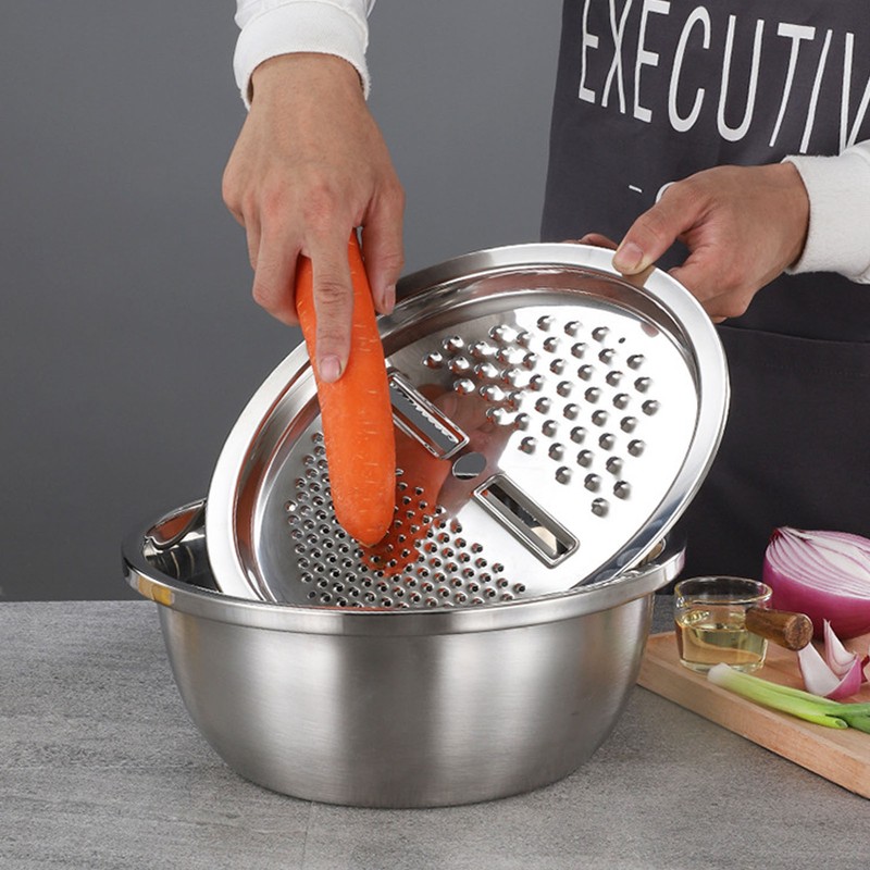 3pcs Stainless Steel Drain Basket Vegetable Cutter 3 in 1