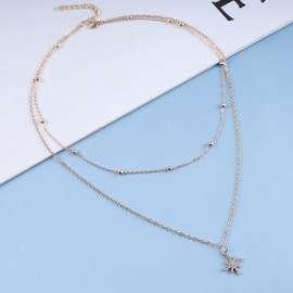 Cimenexe Bohemian Layered Crystal Star Choker Necklace Gold Starburst Necklace Cz Sunburst Pendant Necklace Station Bead Chain Necklace Jewelry for Women and Girls Gifts