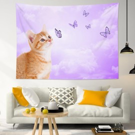 LB Funny Cat Butterfly Wall Tapestry Cute Cat with Butterfly on Fantasy Cloud Purple Sky Tapestry Animal Wall Decor for Bedroom Living Room Dorm 60Wx40L