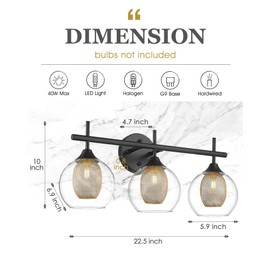 Audickic Bathroom Light Fixtures, 3-Light Black and Gold Vanity Lights Over Mirror, Farmhouse Wall Sconce Lighting with Clear Glass and Honeycomb Metal Shade, AD-22001-3W-BK