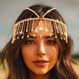 Asooll Rhinestone Boho Headpiece Gold Head Chain Evil Eye Crystal Headband for Women