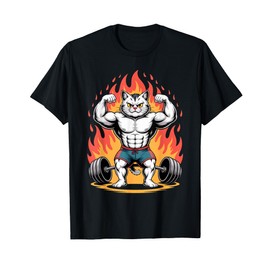 Buff Cat Gym Meme Flexing with Fire Funny Muscular Cartoon T-Shirt