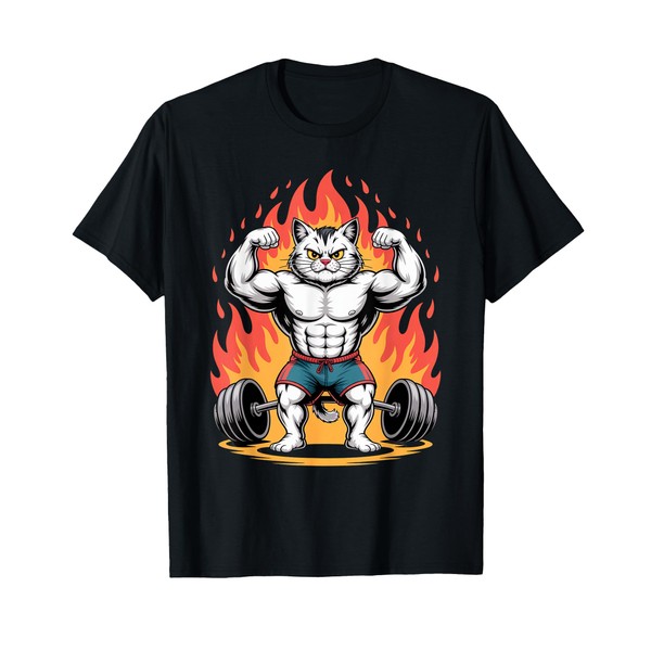 Buff Cat Gym Meme Flexing with Fire Funny Muscular Cartoon