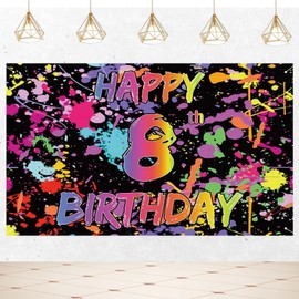 Joyiou Neno Glow in The Dark Happy 8th Birthday Backdrop Banner Decorations for Girls & Boys, Colorful Graffiti Splash Paint Birthday Photo Booth Supplies (5x3ft)