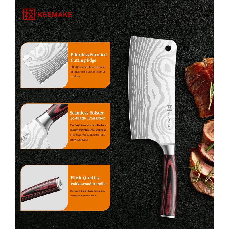 KEEMAKE Meat Cleaver Knife 7-Inch Razor Sharp High Carbon Steel