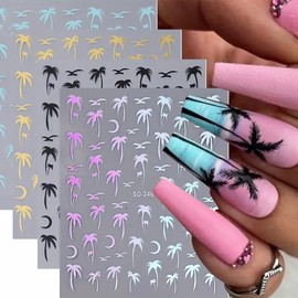 Summer Nail Art Stickers Decals Summer Coconut Tree Nail Stickers 8PCS Laser Silvery Black Gold Blue Palm Tree Design 3D Self-Adhesive Tropical Style Nail Decals for Women DIY Nail Art Decorations