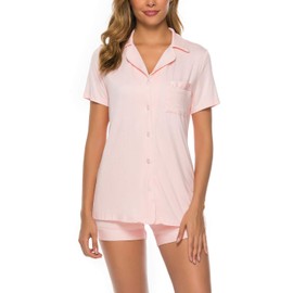 Aamikast Pajamas Set for Women Shorts Button Down Short Sleeve pjs Sets Sleepwear Nightclothes(Large,Pink)