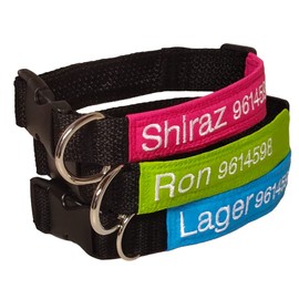 Collar identificador para perro, datos bordados, varios colores. Datos (sustituye placa) de identificación bordados.