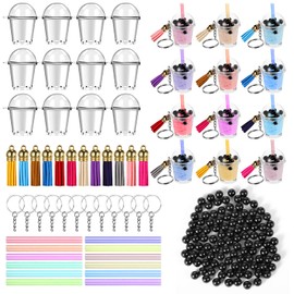 Cunno 348 Pcs Mini Milky Tea Keychain Accessories Bubble Tea Cream Glue Casting Includes 16 Keychain Rings, 16 Mini Cup Pendant Charm with 16 Tassels, 300 Bubble Beads for DIY Crafts(Bright Color)