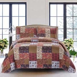 SLPR Red Riches 3-Piece Quilt Set - Queen Size with 2 Shams, Autumn Patchwork Design, Red Toned Lightweight Quilted Bedspread, Fall-Inspired Country Bedding