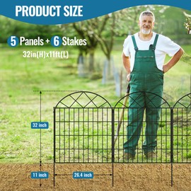 Colvay 5 Panels Decorative Garden Fence 32"(H) x 11ft(L), No Dig Animal Dog Barrier Fence with Rustproof Metal Wire Panel, Garden Temporary Border Fencing for Yard, Patio, Outdoor