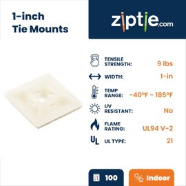 ZipTie.com 1-inch Natural Zip Tie Mounts, UL 21 Listed, 100-Pack