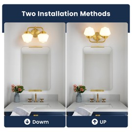 RUIYEY Bathroom Vanity Light Fixtures: 2-Lights Gold Bathroom Lighting Fixtures Over Mirror, Mid-Century Modern Wall Sconces with Frosted Milky Glass for Kitchen Bedroom Hallway