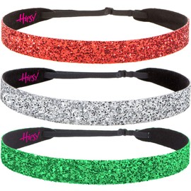 Hipsy 2pk Women's Adjustable NON SLIP Wide Bling Glitter Headband Silver Duo Pack (Green/Silver/Red 3pk)