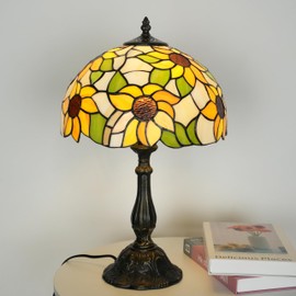 Aeyee Sunflower Tiffany Style Table Lamp, Elegant Bedside Table Lamp with Stained Glass Shade, Reading Desk Light for Living Room Bedroom Yellow Finish