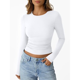 Trendy Queen Womens Long Sleeve Shirts Crop Tops Workout Fall Fashion 2025 Basic Crew Neck Going Out Clothes White M