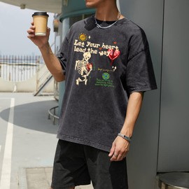 Weetiotio Mens Skeleton Graphic Tee Shirt Streetwear Vintage Acid Wash Shirts Inspirational Letter Print Tshirts Summer Top(Black,M)