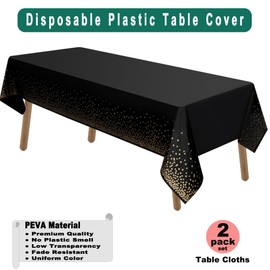 PARTY ULYJA Gold Polka Dots Confetti Plastic Tablecloths 2 Pack Black Disposable Table Covers Thanksgiving 54 x 108 Inch Table Cloths for Picnic Birthday Wedding Parties 8 Foot Rectangle Table