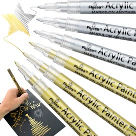 Acrylic Paint Pens - 6Pack Gold & Silver Metallic Markers, Quick-Dry, Waterproof, for Fabric, Rock, Wood, Plastic, Glass, Metal & Canvas, Ceramic Paint & Fabric Permanent Markers Extra Fine Tip